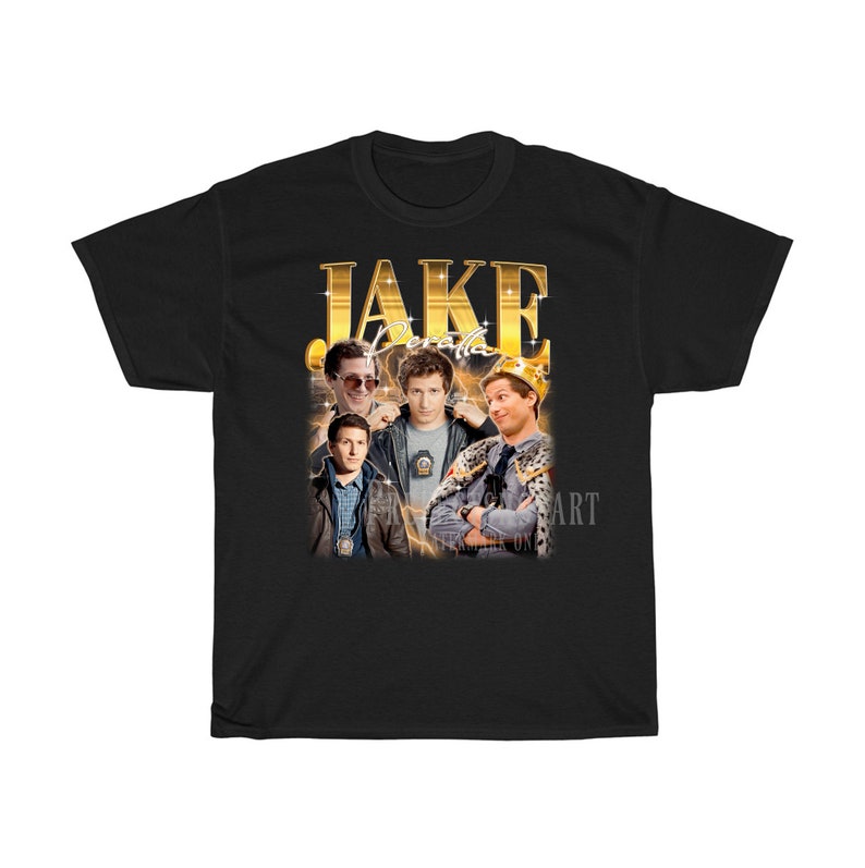May include: Black t-shirt with a gold graphic of Jake Peralta from the TV show Brooklyn Nine-Nine. The graphic features Jake Peralta in different poses, including one with a crown.