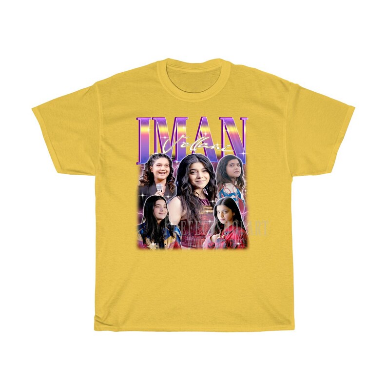 May include: Yellow t-shirt with a retro-style graphic featuring a group of girls with the text "IMAN" in a purple and pink font.