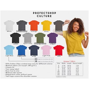May include: Unisex t-shirt mockup in various colors, including white, black, light blue, red, orange, and purple. The t-shirt is made of 100% cotton and has a classic fit. The size chart shows the width, length, and sleeve length in inches.