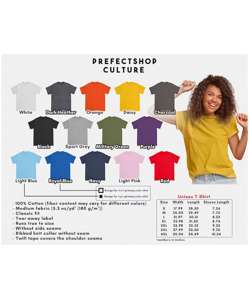 May include: Unisex t-shirt mockup in various colors, including white, black, light blue, red, orange, and purple. The t-shirt is made of 100% cotton and has a classic fit. The size chart shows the width, length, and sleeve length in inches.