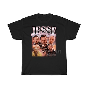 May include: Black t-shirt with a vintage-style graphic of Jesse Pinkman from the TV show Breaking Bad. The graphic features multiple images of Jesse Pinkman, including one with a gun.