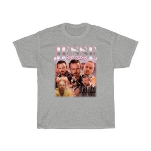 May include: Gray t-shirt with a retro-style graphic of Jesse Pinkman from the TV show Breaking Bad. The graphic features multiple images of Jesse Pinkman in different poses.