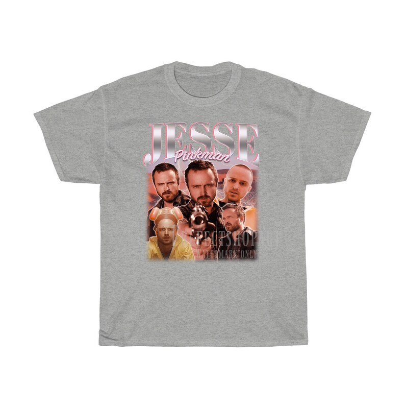 May include: Gray t-shirt with a retro-style graphic of Jesse Pinkman from the TV show Breaking Bad. The graphic features multiple images of Jesse Pinkman in different poses.