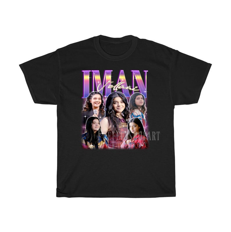 May include: Black t-shirt with a retro-style graphic featuring a group of people with the text "Iman Vellani" in a colorful, neon font.