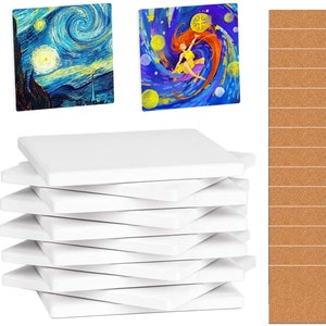 May include: A set of 10 blank white square canvas tiles, perfect for painting or crafting. The tiles are stacked on top of each other. There are two pre-painted tiles with colorful designs, one with a starry night scene and the other with a whimsical fairy in a swirling galaxy. A sheet of cork tiles is also included.
