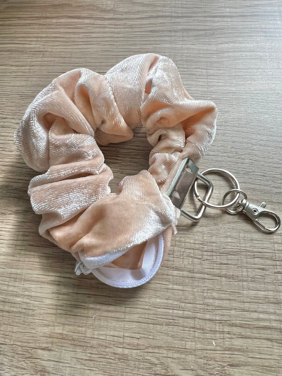 Velvet Scrunchie Keychain, Beige, Cream, Scrunchie With Pocket, Scrunchie Wristlet, Wristlet