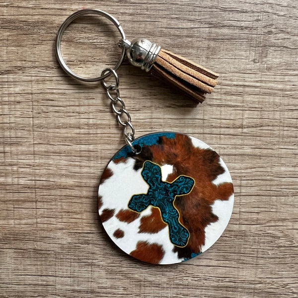 Western Cross Keychain, Turquoise Jewelry, Cow Print, Denim Pattern, Southern, Country, Backpack Tag, Purse Charm, Key Ring, Housewarming