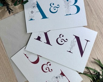 Personalised Couples Card, Valentines, Anniversary, Wedding, Initials - Botanical Alphabet Project