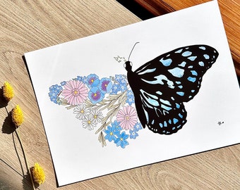 Blue Tiger Butterfly Watercolour Style Digital Illustration, A4 A5 Giclée Print, Archival Quality