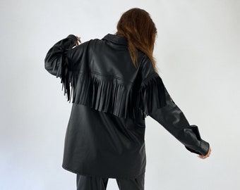 Tassel-Back Leather Shirt,Black Leather Shirt Jacket,Tassel Detailed Leather Shirt,Artificial Leather Shirt,Tassel Detailed Shirt Black