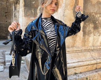 Women's Artificial Leather Trench, Black Patent Leather, Black Raincot Women's, Long  Patent Leather Coat