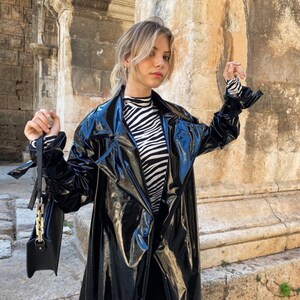 Black patent leather raincoat sales