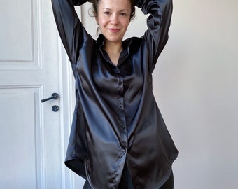 Satin black button up shirt, silk satin shirt,long sleeve silk satin shirt