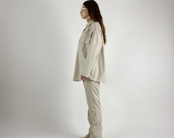 Cream Leather Shirt Pants Set, Leather Set Women,Women's White Leather Suit,