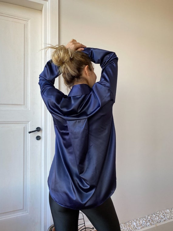 Satin Shirt Midnight Blue, Women's Silk Satin Shirt, Long Sleeve Oversized  Button-up Satin Shirt -  Denmark