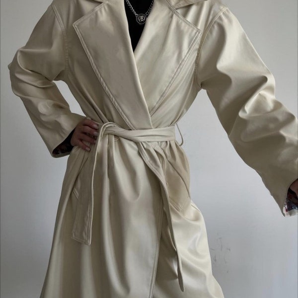 Trench en cuir crème, manteau en cuir, manteau en cuir pour femme, manteau long en cuir, manteau en cuir artificiel, veste en cuir pour femme, manteau en cuir