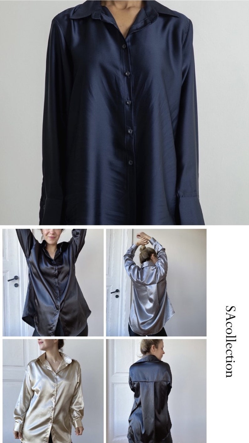 Satin black button up shirt, silk satin shirt,long sleeve silk satin shirt image 4