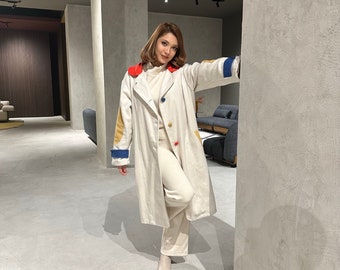 White Colorful Design Coat,Harmony Coat, Women's White Stamp Coat,Colorful design white coat with buttons,Minimalist Color Coat