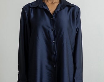 Satinshirt nachtblau, Damen Seidensatinshirt, Langarm Oversized Button-Up Satinshirt