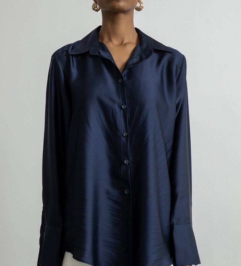 Women's Long Sleeve Button-Down Nightshirt in Natural with Midnight