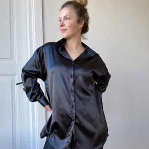 Satin black button up shirt, silk satin shirt,long sleeve silk satin shirt image 3