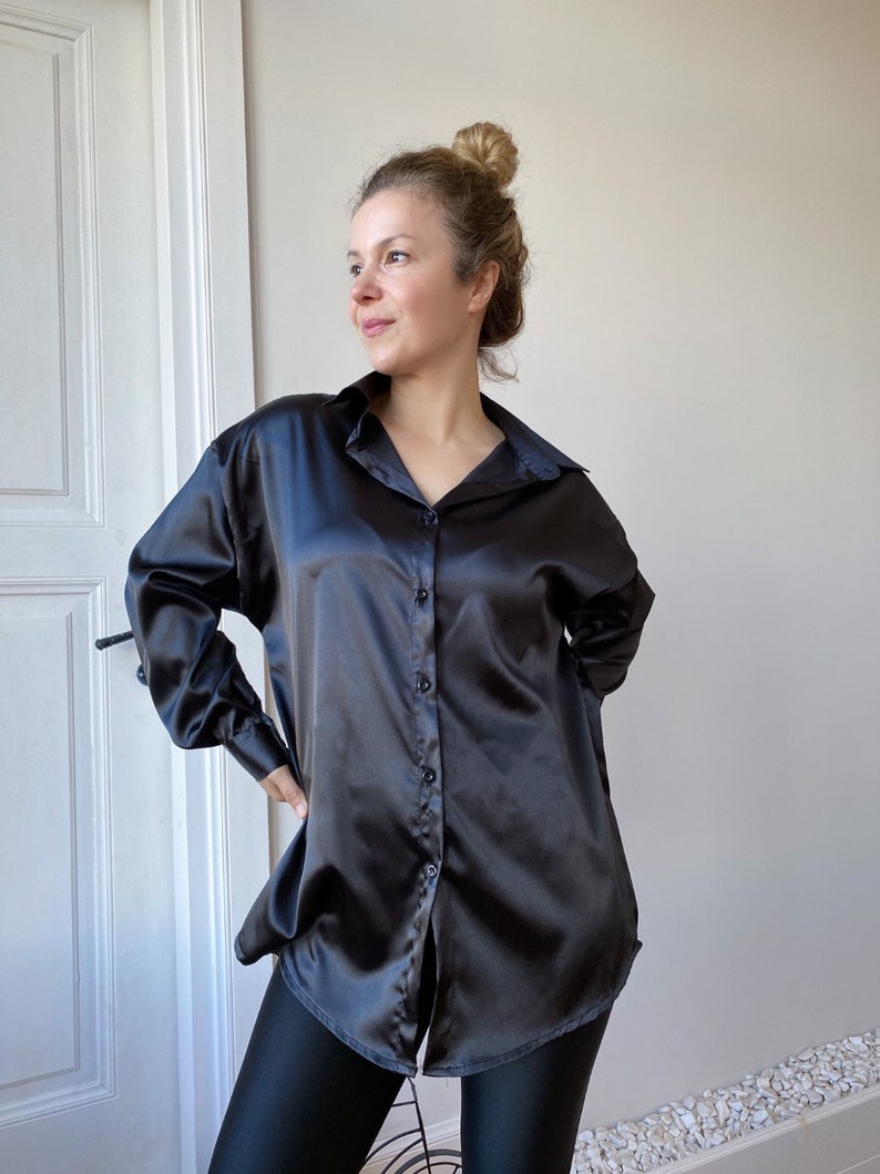 Satin black button up shirt, silk satin shirt,long sleeve silk satin shirt image 3