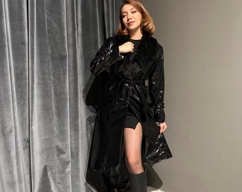 Patent Leather Faux Leather Fur Trench Coat,Black Furry Design Patent Leather Coat,Woman Furry patent leather jacket