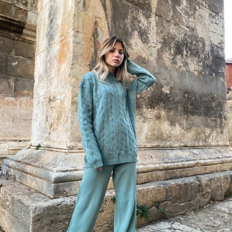 Knitwear suit,women's knitwear suit mint green, casual casual knitwear suit,2 piece knitwear set, knitwear sweater, knitwear pants image 2