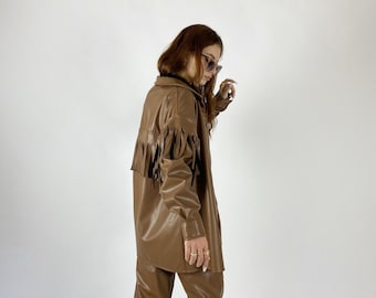 Tassel-Back Leather Shirt,Brown Leather Shirt Jacket,Tassel Detailed Leather Shirt,Artificial Leather Shirt,Tassel Detailed Shirt Brown