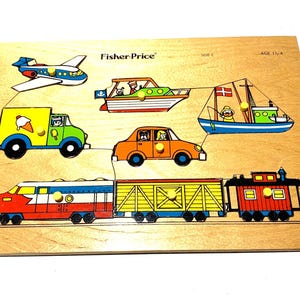 Vintage Fisher Price Puzzle 508E – Wooden Puzzle - Train & Boat - 1970s Educational Toy – Knob Puzzle – Preschool Learning Toy - Gift