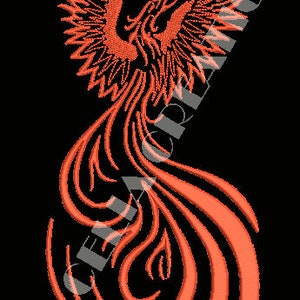May include: An orange phoenix design against a black background. The phoenix is depicted with outstretched wings and flowing tail feathers. The design is detailed with intricate lines, creating a stylized, artistic representation of the mythical bird.