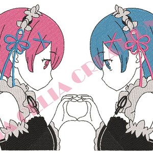 May include: Two anime characters with pink and blue hair, wearing maid outfits, are making a heart shape with their hands.