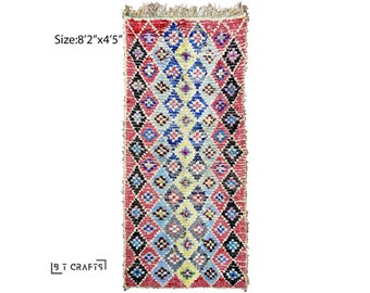 Moroccan diamond old 4.5x8 rug, vintage colorful faded rugs.