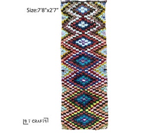 Narrow checkered 3x8 runner rug , Berber colorful rug runner.