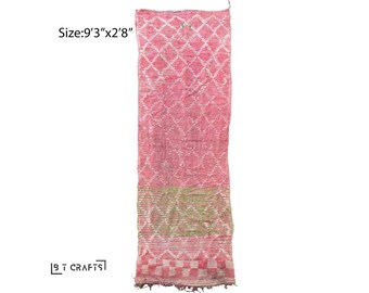 Long Moroccan pink 3x9 runner, Flatweave grid rug runner.