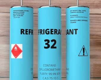 May include: A blue and white stainless steel tumbler with the text "Refrigerant 32" and a warning symbol. The tumbler has a black lid and a straw.