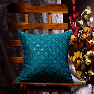 Teal blue pillow cover, Turquoise blue cushion cover, accent sequin pillow, embroidered pillow 18x18 24x24 20x20 pillow cover, gift for home