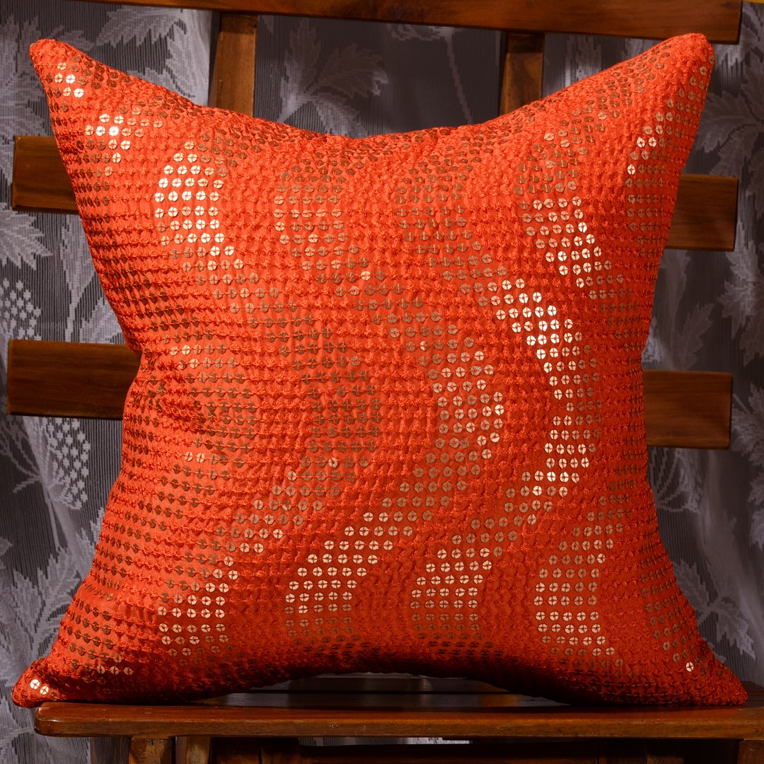 Embroidered Sequin Pillow, Orange Couch Pillow Cover 12x12 16x16 18x18