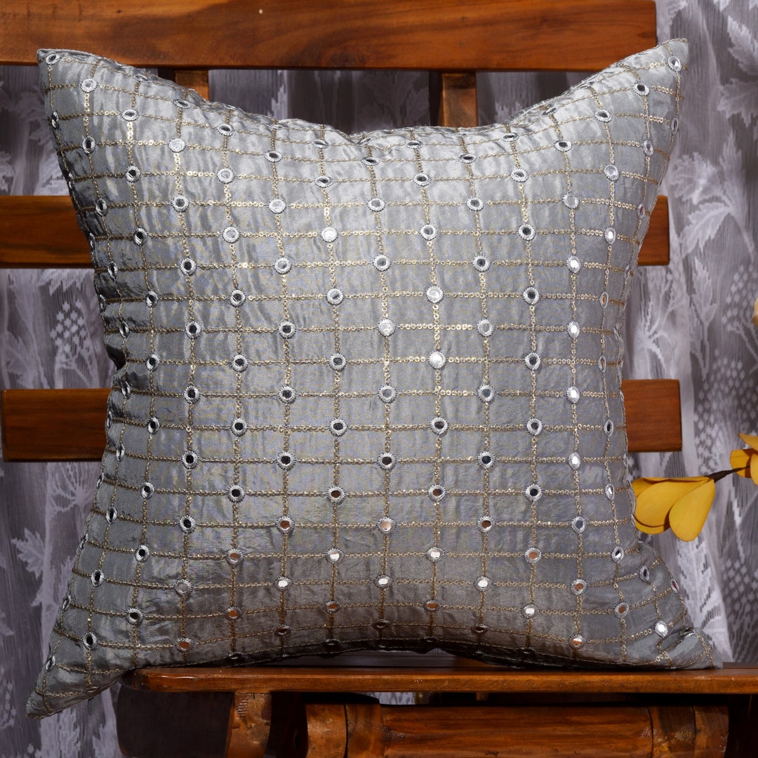 Silver Decorative Pillow Cover 18x18 16x16 12x12, Embroidered Pillow