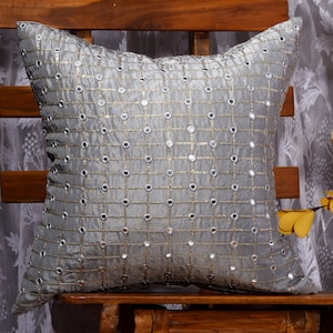 Silver decorative pillow cover with mirror work, embroidered pillow covers, silver grey designer handmade sofa accent pillow covers set of 2