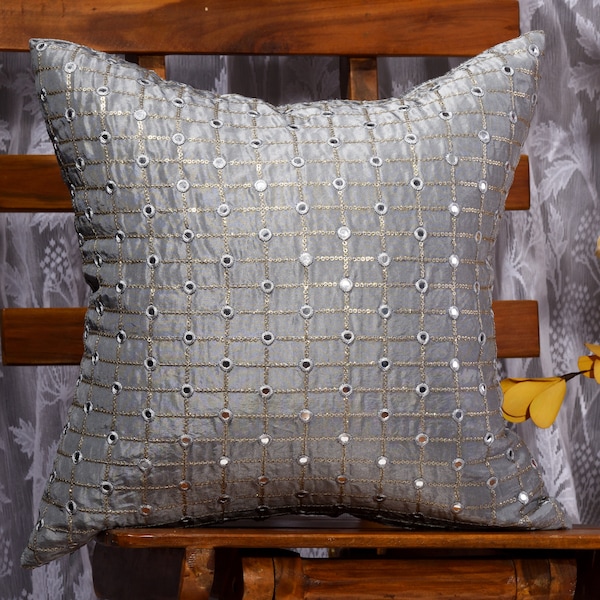 Silver decorative pillow cover 18x18 16x16 12x12, embroidered pillow cover, silver grey designer handmade sofa accent pillow cover set of 2