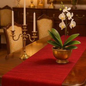 May include: A dining table set with a red table runner, a brass candelabra holding three white candles, and a potted orchid with white flowers. The table is made of dark wood.
