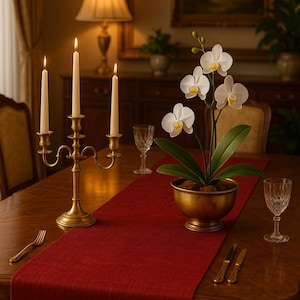 May include: A dining table set for a formal dinner. A red table runner is centered on the wooden table. A gold candelabra with lit candles, a potted orchid, and glassware are arranged on the table.