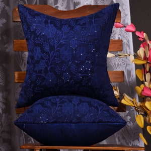 Decorative pillow, Floral pillow, blue flower pillow, embroidered cushion couch pillow cover sequin pillow 18x18 20x20 2pc housewarming gift