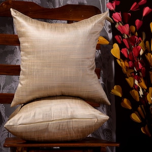 May include: Two beige throw pillows with a subtle sheen, sitting on a wooden chair. The pillows are made of a textured fabric and have a zipper closure.