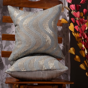 Handmade designer pillow cover Grey decorative pillow for couch, handmade embroidered sequin pillow 16x16 18x18 12x12 patio sofa cushion 1pc