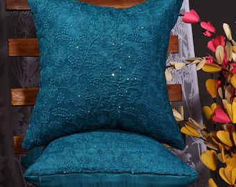Teal Embroidered Pillow Cover Set: Turquoise Sequined Cushion Sham