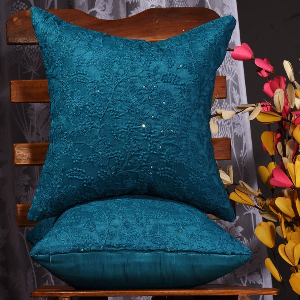 Teal decorative pillow covers, teal cushion covers, embroidered cushion cover, teal pillow cover 12" 16" 18", embroidered pillow covers 2 pc