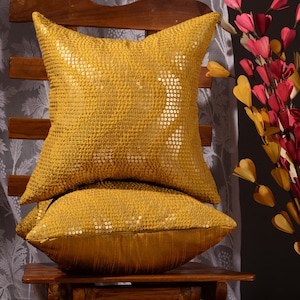 Designer cushion covers, Mustard gold decorative pillow for couch, embroidered pillow cover set of 2, couch silk sequins throw pillow cover