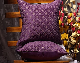 Purple Embroidered Pillow Cover Set: Decorative Cushion Shams